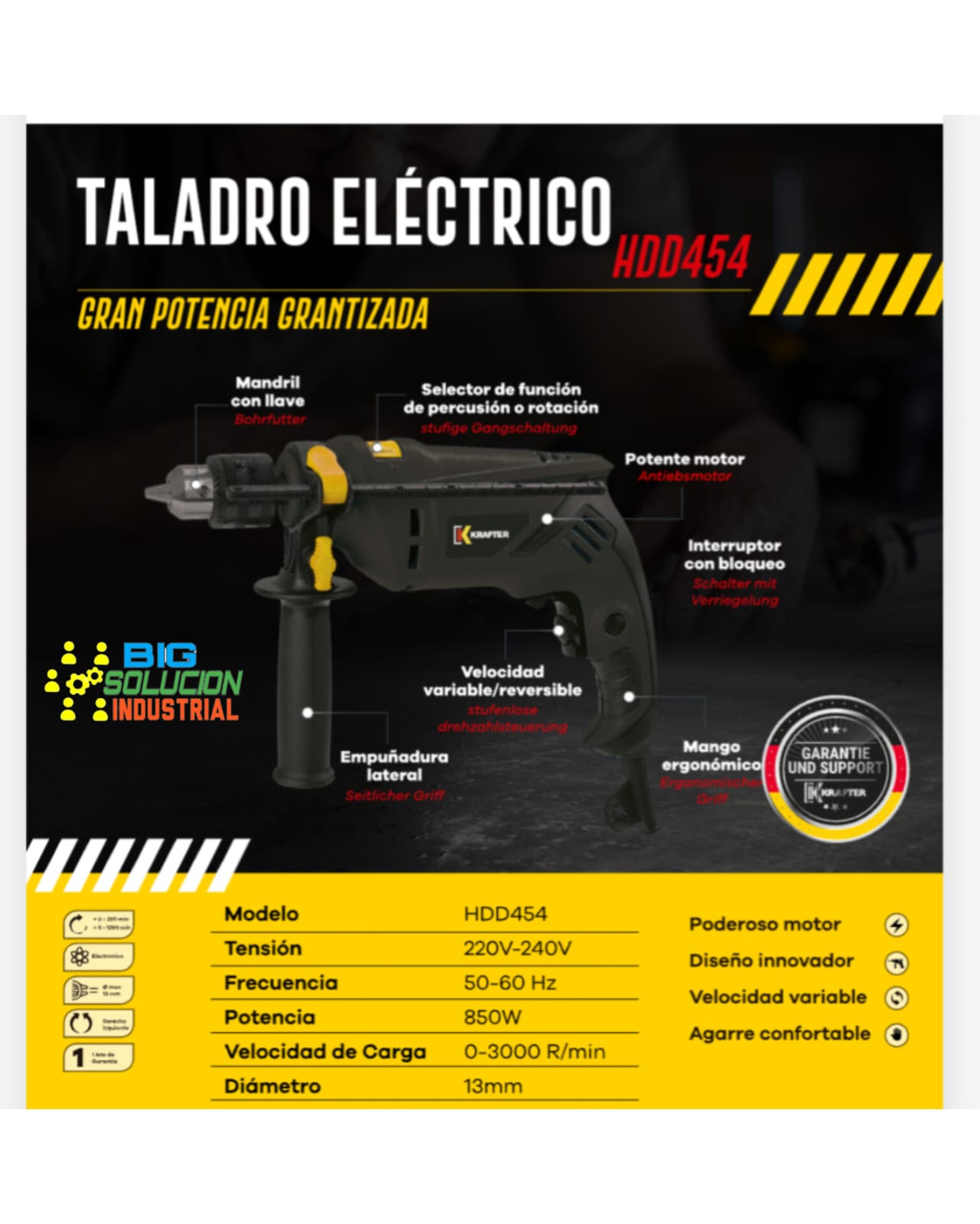 TALADRO PERCUTOR KRAFTER HDD454 850W - Imagen 2